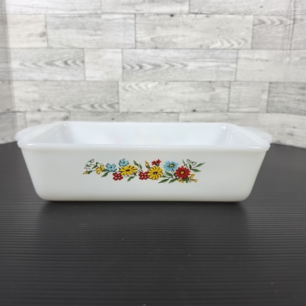 Floral Fire King 409 Milk Glass 1 Qt Colorful Loaf Casserole Dish